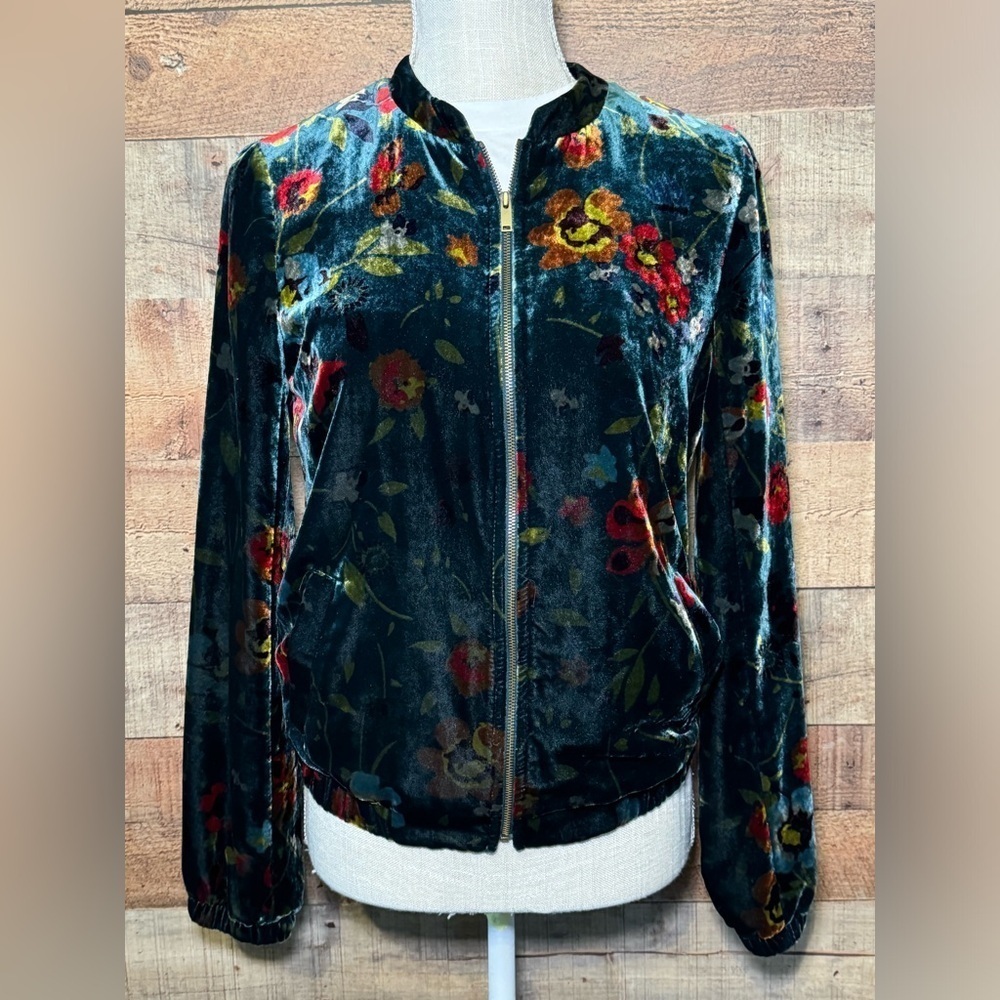 LOFT Green Velvet Floral Bomber Jacket Women’s size XS - Picture 2 of 10